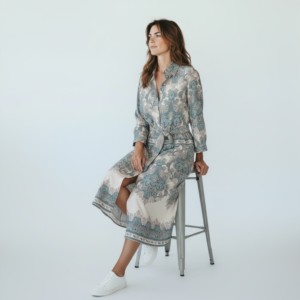 Elegant Paisley Split Hem Belted Midi Dress
